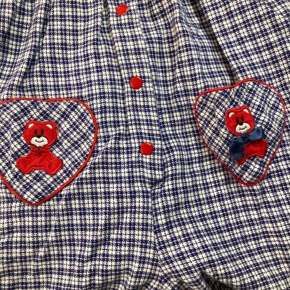 Infants Vintage Hooded‎ Plaid Coverall Bear Blue White Red Cotton 6 - 9mos